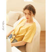 Knit Mix法式雪纺V领短袖衬衫女2021年春夏黄色修身短款上衣