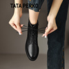 tataperko联名真皮黑色复古软皮，马丁靴女英伦风，系带短靴法式裸靴