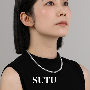 SUTU 925银真多麻灰色珍珠项链女劲链小众高级感毛衣链锁骨链配饰