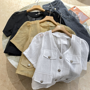 小个子纯色V领短款开衫短袖雪纺衫个性减龄上衣时尚休闲洋气D¥1