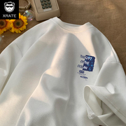 华夫格短袖t恤男日系，重磅小众设计感白色，半截袖大码宽松圆领体恤