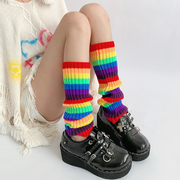 夜间教习室针织袜套女秋季中筒袜子彩虹jk腿套彩色条纹小腿堆堆袜
