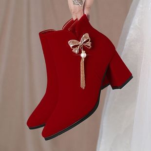婚鞋新娘鞋冬天加绒粗跟2023冬季红色高跟鞋女结婚靴子不累脚