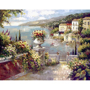 地中海风光沙发挂画手绘油画客厅风景装饰画田园无框单幅油画布