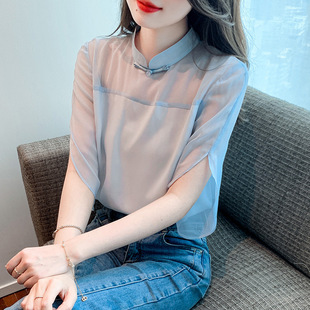 新中式复古盘扣镂空雪纺衬衫女夏设计感小众蓝色超仙花瓣短袖上衣