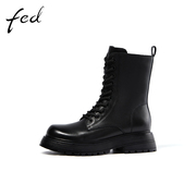 fed中筒靴冬季靴子加绒真皮气质黑色厚底马丁靴女1020-ZCA550