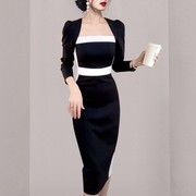 秋季女装2022法式性感黑白撞色高端连衣裙子修身收腰显瘦气质