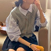 韩国chic气质百搭翻领泡泡袖，条纹衬衫+麻，花纹针织背心马甲两件套