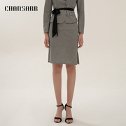 香莎CHANSARR 复古气质灰格纹半裙 简约设计 开叉修身显瘦包臀裙
