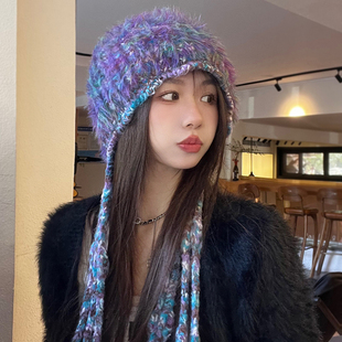 韩版手工编织混色针织毛线绑带毛绒帽子女冬季保暖百搭护耳包头帽