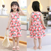 夏季韩版中小童女通用童装，印花牛奶丝a字裙儿童，吊带裙女童连衣裙