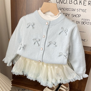 女童毛衣春秋款蓝色蝴蝶结针织，开衫小童公主，外搭宝宝时髦外套洋气