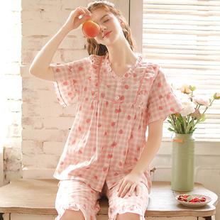 睡衣夏季女韩版短袖套装纯棉纱布，薄款半袖中裤，全棉甜美少女家居服