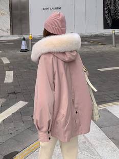 巴黎SOLENELARA粉色派克服女2022加绒加厚百搭宽松工装外套