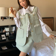 南芽名媛少女感浅绿A字半身裙套装龄设计师品牌马甲外套两件套