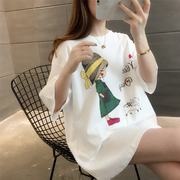 中长款卡通白色短袖T恤女2023年夏季韩版宽松体恤上衣遮屁股