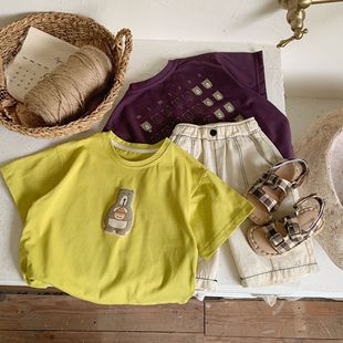 女童纯棉圆领短袖T恤卡通小熊男童宽松透气休闲上衣黄色紫色夏季