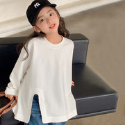 女童长袖t恤2024儿童，不规则宽松洋气，韩版女孩上衣白色打底衫
