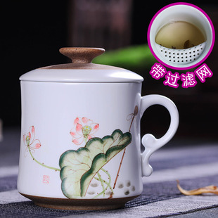 茶杯陶瓷家用带盖景德镇手绘过滤泡茶杯办公室，水杯个人杯茶具定制