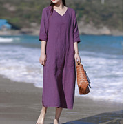 夏季v领紫色宽松短袖亚麻，文艺长裙休闲旅游中长款连衣裙砂洗袍子