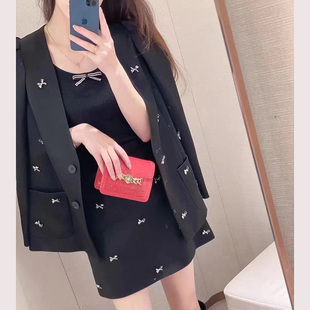 黑色时尚套装女高级感2023春季泡泡袖，名媛气质西装两件套裙装