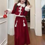 红色夹两件套半身裙战袍新套装年棉圣诞圣诞节外套秋冬连衣裙