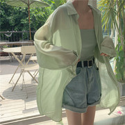 夏季韩版中长款糖果色衬衫，女学生宽松显瘦薄款防晒衣空调衫上衣潮