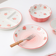 韩国ins网红减脂分餐三格盘，家用菜盘创意，少女沙拉碗陶瓷餐具套装