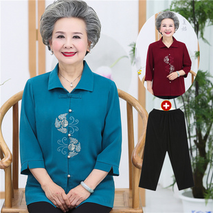 中老年人夏装短袖衬衫60-70-80岁奶奶装春秋长袖衬衣老人中袖上衣