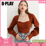 dplay秋法式美背宫廷领毛衣焦糖色，灯笼袖高级感红色针织衫上衣女