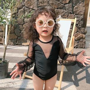 韩国版儿童游泳衣可爱中小女孩女童宝宝长袖防晒三角连体泳装