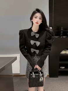 黑色泡泡袖小香风外套，2024女时尚洋气，设计感蝴蝶结短款小西装
