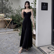 instahot黑色吊带连衣裙，女夏赫本风设计感法式气质礼服长裙