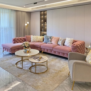 美式轻奢客厅沙发弧形拉扣贵妃，转角布艺组合简约粉色网红创意