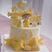 黄帽子(黄帽子)雨衣背包女孩，生日蛋糕装饰立体小花朵，儿童派对甜品台摆件z