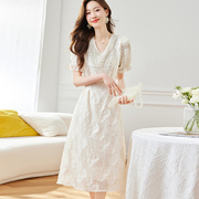 夏季品牌重工白色真丝连衣裙，2023女高级感蕾丝，气质桑蚕丝裙子