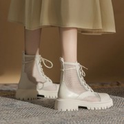 夏季薄款马丁靴女2023英伦风，透气网靴短靴子白色网纱镂空凉靴