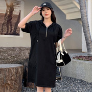 夏季韩版短袖T恤女士连帽拉链连衣裙宽松显瘦拉链中长款裙子