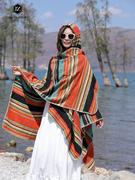 民族风拼色条纹带帽斗篷，披肩围巾沙漠，西藏青海湖云南旅游外套