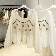 夏季韩国雪纺长袖绣花蕾丝套头罩衫复古小清新拼接甜美防晒衫上衣