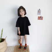 亲子款 2023夏季韩版男女童宝宝棉麻透气个性简约短袖中性长T恤潮