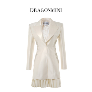 DRAGONMINI垫肩西装可拆卸裙摆腰部刺绣白色中长款西装2023年秋季