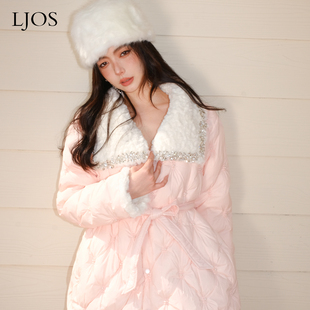 ljos羊羔毛领嫩粉色羽绒服加厚保暖95白鸭绒(白鸭绒)外套时尚设计冬装