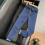 2件8折牛仔裤长裤高腰纯色单排扣显瘦百搭铅笔裤  G#7