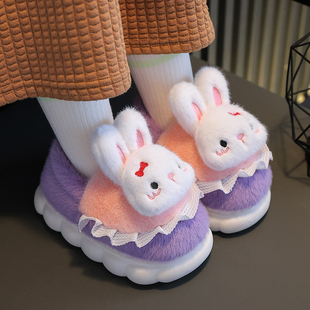 儿童棉拖鞋女童亲子鞋加绒加厚软底居家兔子卡通小男孩包跟毛棉鞋
