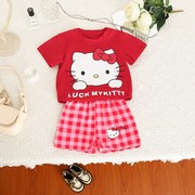 凯蒂猫T恤夏季套装宽松HelloKitty衣服格子短裤套装哈喽kt上衣女