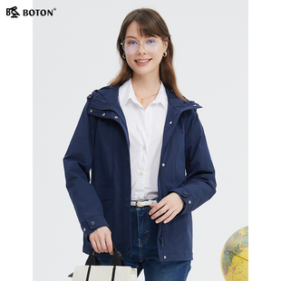 波顿女士2024春夏中长款风衣，美式休闲夹克高端深蓝色外套上衣
