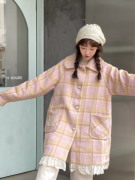 蛋包饭餐厅_娃娃领粉色格子毛呢大衣女冬季日系甜美学生呢子外套