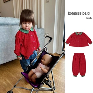 23春夏女童宝宝套装，ks同款红色圆点，长袖上衣衬衫荷叶长裤