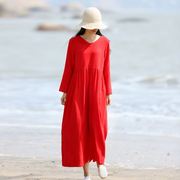 长袖红色棉麻连衣裙女宽松大码气质白色亚麻长裙，复古袍子旅行文艺